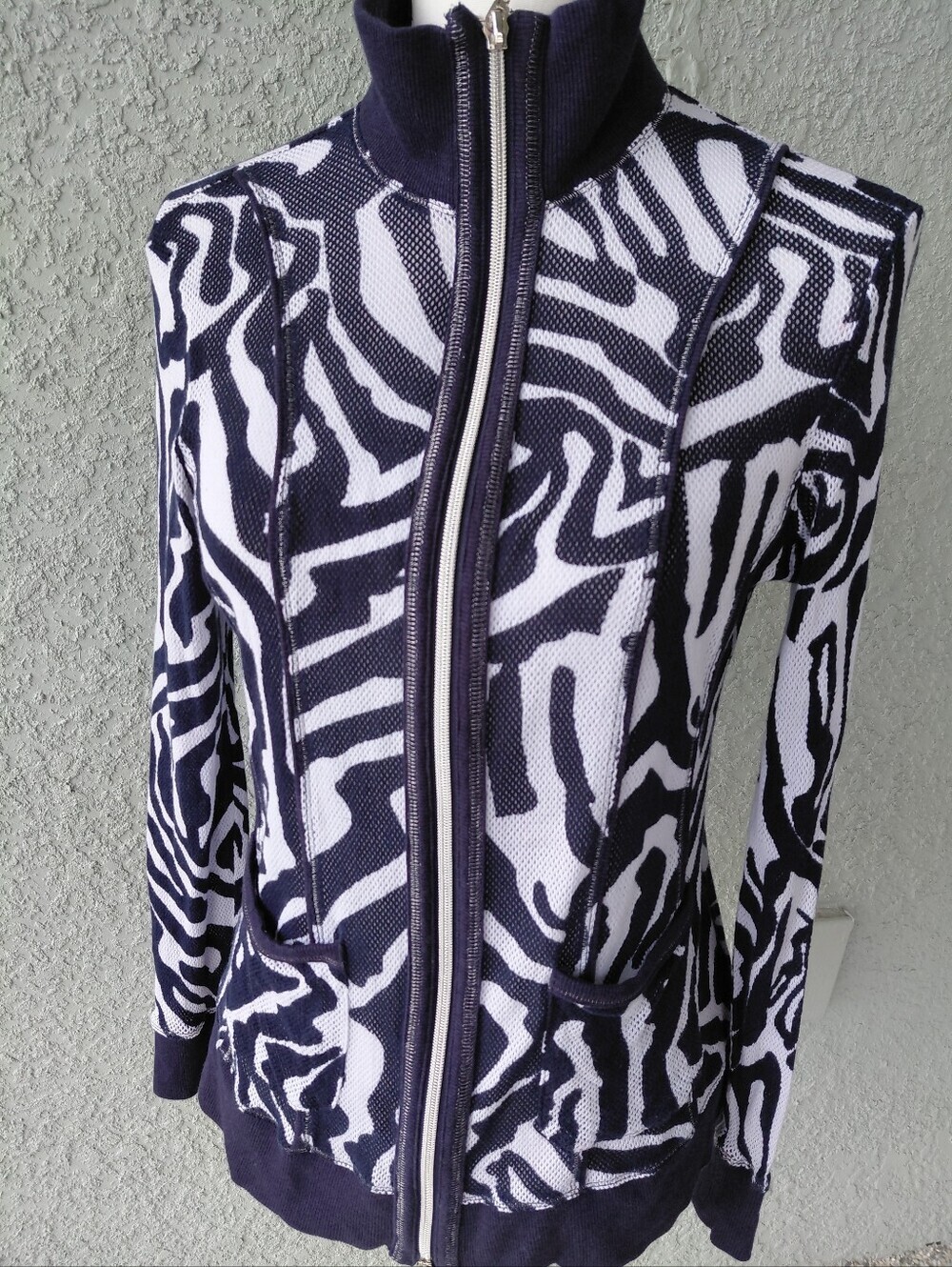 BYLYSE Navy White Zebra Print Full Zip Jacket Women's Large 100% Cotton - Picture 2 of 7